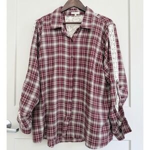 Kate & Sam‎ Red Plaid Flannel with Crochet Lace Open Work Sleeves Back Size XXL